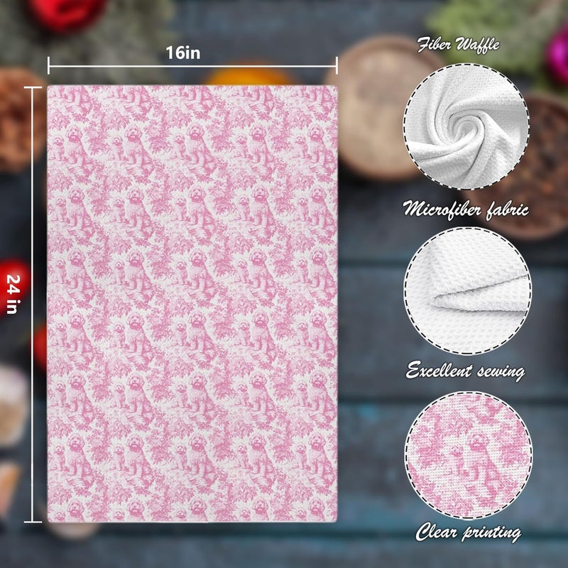 Nipil Nipi Pink Chinoiserie Golden Doodle Kitchen Towels, Pink Botanical Grandmillennial Dog Decorative Dish Tea Towels, Golden Doodle Gifts Hand Towels for Kitchen Bathroom Decor, 16x24 Inch - Image 2